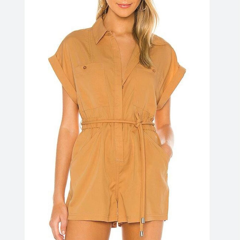 L’Academie Romper Brown Natural Fiber Short Sleeve Button Front Tie Belt New